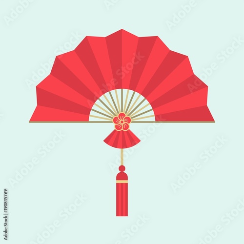 Red Chinese folding handheld fan with plum blossom sign  flat design