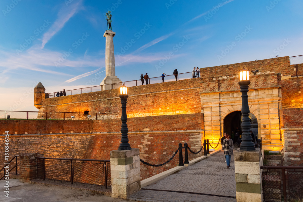 Kalemegdan fortress with kings gates and Victor the monument in evening colors