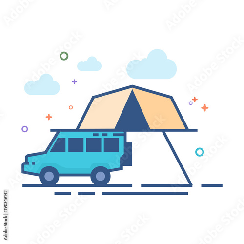 Portable camping tent icon in outlined flat color style. Vector illustration.