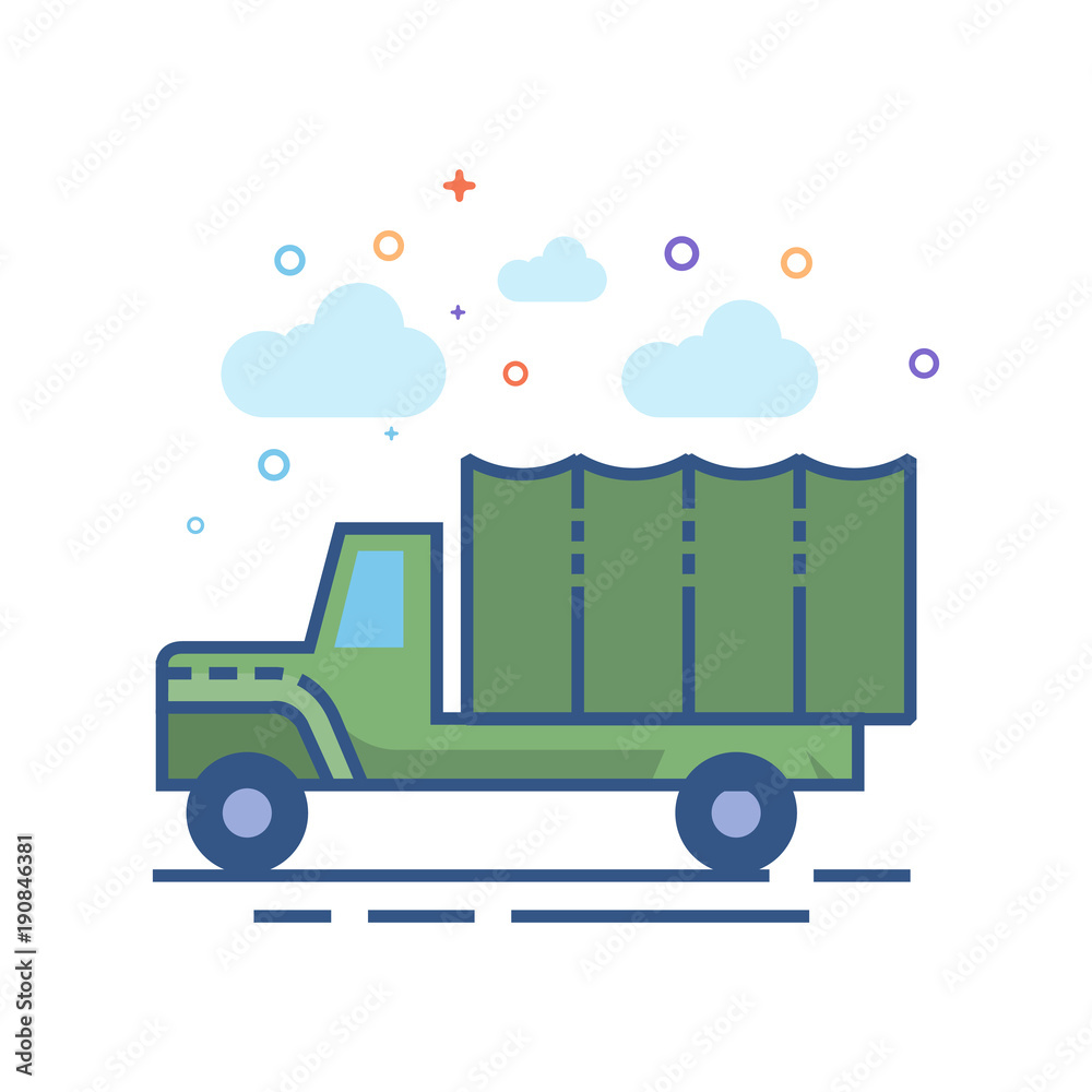 Military truck icon in outlined flat color style. Vector illustration.