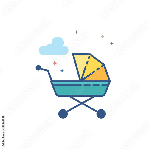 Baby stroller icon in outlined flat color style. Vector illustration.