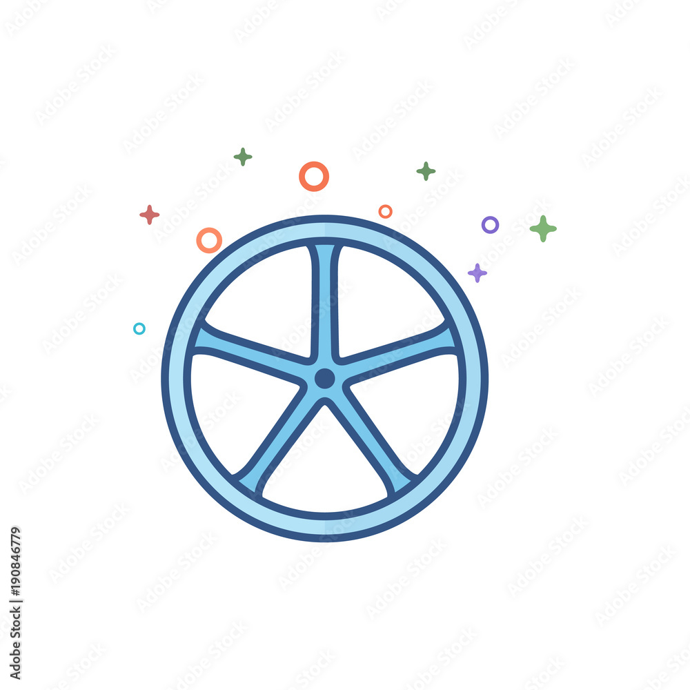 Bicycle wheel icon in outlined flat color style. Vector illustration.