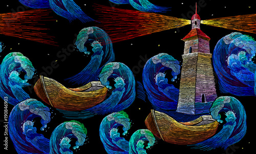 Embroidery lighthouse boat sea waves seamless pattern. Template for clothes, textiles, t-shirt design. Classical embroidery impressionism style lighthouse and storm in ocean seamless background