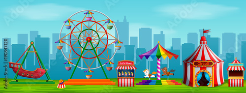 Amusement park scene at daytime with city background
