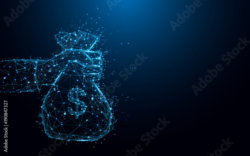 Abstract hand holding a money bag form lines and triangles, point connecting network on blue background. Illustration vector