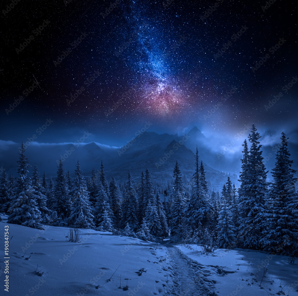 Obraz premium Góry Tatry zimą w nocy i gwiazdy, Polska