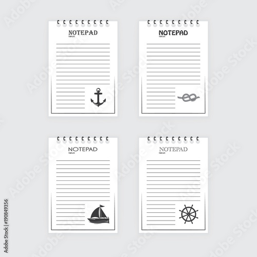 Template for notepad. Objects on the marine theme. Drawn elements.