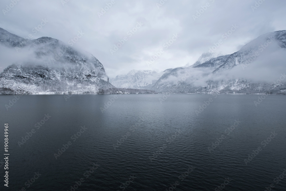 Panorama of the lake in mountain valley. Beautiful natural landscape in the Austria