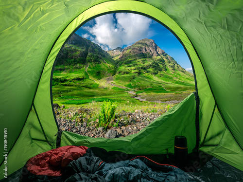 Breathtaking view from tent to Glencoe at sunrise, Scotland