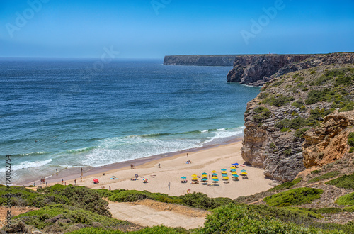 Panoramic view of the beautiful bay and sandy beach of Praia do Beliche near Cabo Sao Vicente, Algarve region, Portugal photo