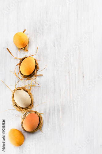 Background with yellow Easter eggs in the small nests