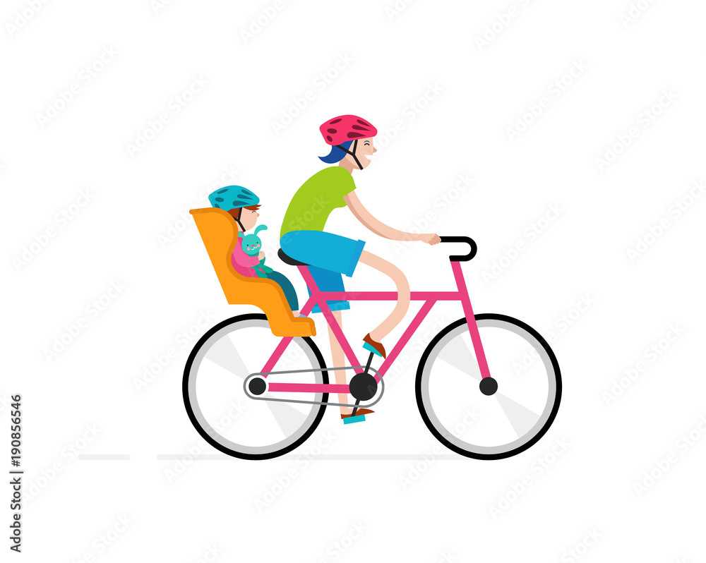 Mother with baby riding on bicycle, active family vacation