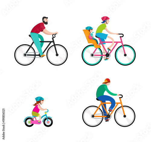People riding on bicycles in the park, active family vacation