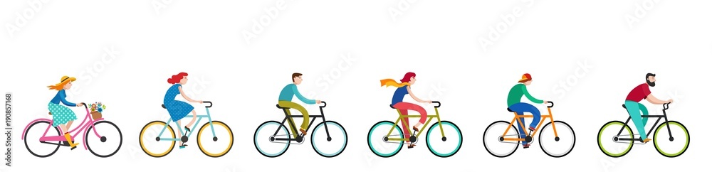 People riding on bicycles in the park, active family vacation