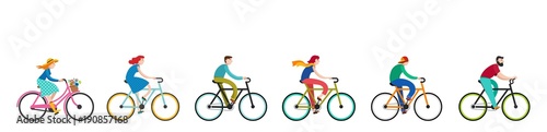 People riding on bicycles in the park, active family vacation