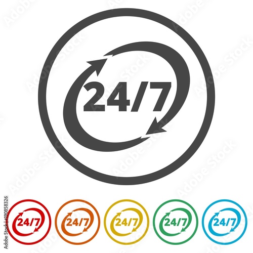 Twenty four hours open, Vector open hours icon, 6 Colors Included