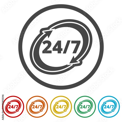 Twenty four hours open, Vector open hours icon, 6 Colors Included
