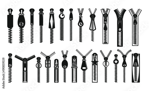 Zipper puller lock icons set. Simple illustration of 32 zipper puller button lock vector icons for web photo