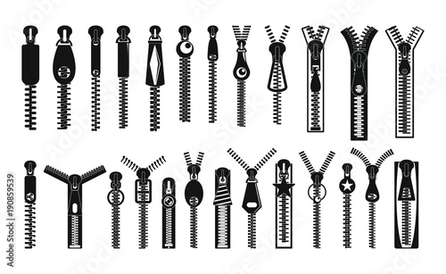 Zipper puller lock icons set. Simple illustration of 32 zipper puller button lock vector icons for web