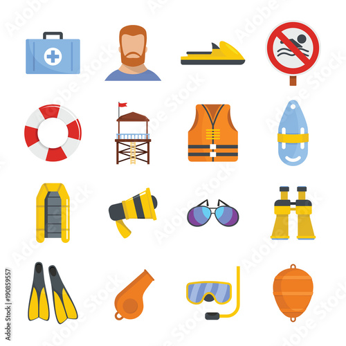Lifeguard save icons set. Flat illustration of 16 lifeguard save vector icons for web