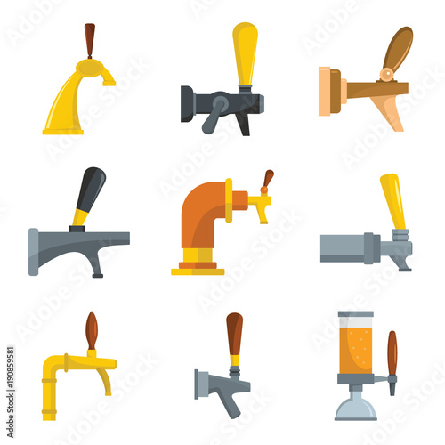 Beer tap icons set. Flat illustration of 9 beer tap vector icons for web