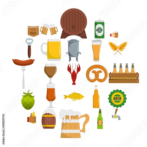 Beer icons set. Flat illustration of 25 beer vector icons isolated on white background