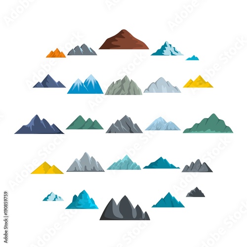 Mountain icons set. Flat illustration of 25 mountain vector icons isolated on white background photo