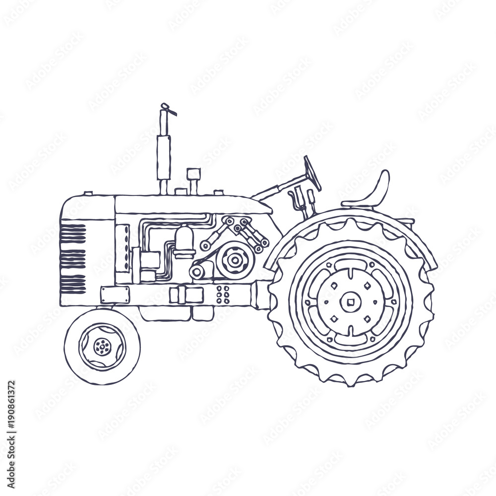 Vintage agricultural tractor isolated on white vackground. Vector