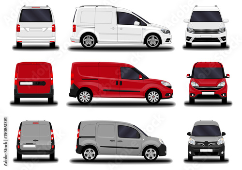 realistic cargo van. front view; side view; back view.