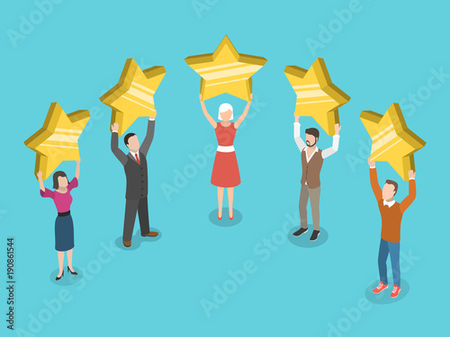 Five stars rating flat isometric vector concept. People are holding stars over the heads.