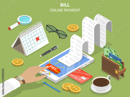 Bills online payment flat isometric vector concept of mobile payment, shoping, banking.