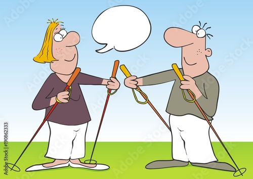 Nordic walking, lady and man with sticks, vector icon. Funny illustration. Isolated person. At the background of meadow and sky. Interview of two people. Postcard with bubble.