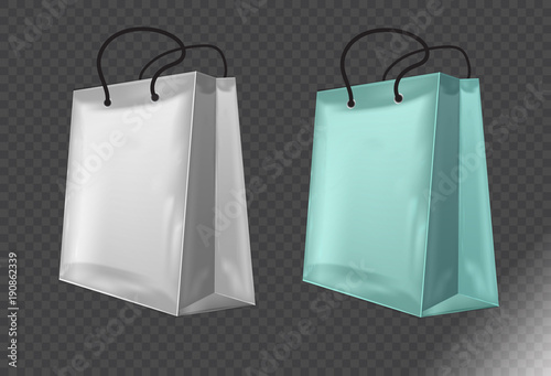 Empty shopping bags mockup. vector illustration. White and green realistic shopping bags.