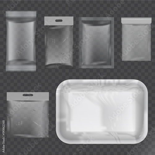 Set of transparent plastic packaging.Food packaging,fastfood packaging,transparent plastic bag,vector set mock up.