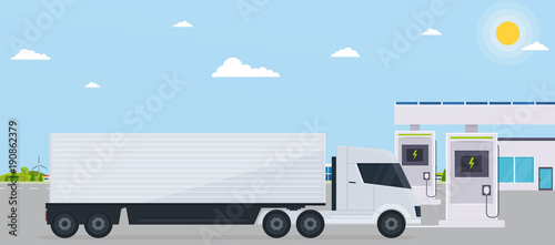 Electro gas station with truck on background eco city. Concept of ecological transport.