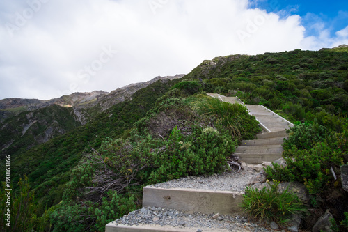 Beautiful scene of strars walk way to the top of the mountain in Mt Cook National park (Muller's Huts track) photo