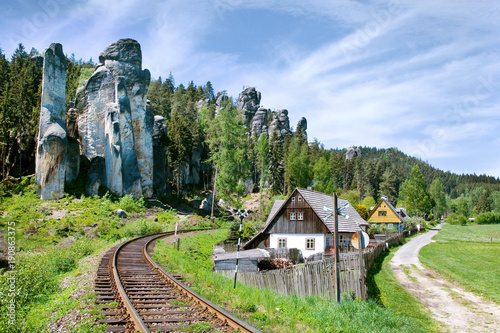 limestone Adrspach rock town and quarry lake - National park of Adrspach - Teplice rocks, East Bohemia, czech republic photo