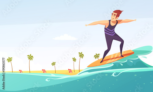 Surfing Tropical Beach Cartoon Poster 