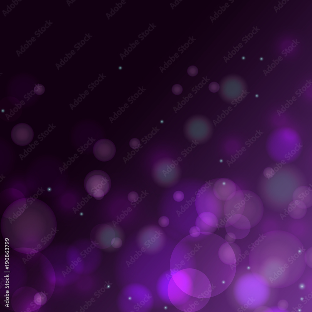 Violet purple bokeh gradient vector background. Light glare spots card template.