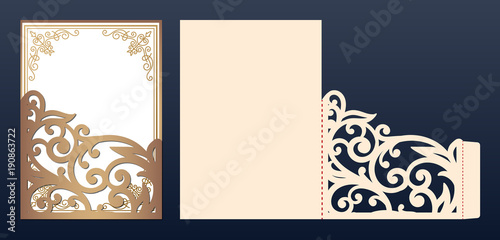 Die laser cut wedding invitation card template vector. Wedding invitation or greeting envelope with abstract ornament. Open card. Suitable for greeting cards, invitations, menus.