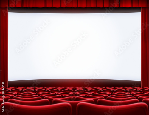 open movie screen in cinema theater 3d illustration