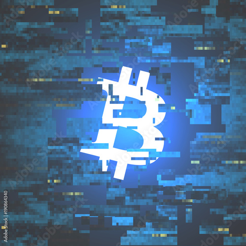 Digital Currency Symbol Bitcoin on Corrupted Pixel Background - Vector Illustration.