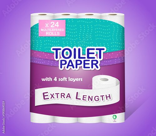 White toilet paper pack design isolated on white background. Paper roll package with soft layers. Easy style pastel shades. Feathers and soft pores. Can be used on web, flyers, banners, pack.