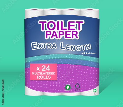 White toilet paper pack design isolated on white background. Paper roll package with soft layers. Easy style pastel shades. Feathers and soft pores. Can be used on web, flyers, banners, pack.