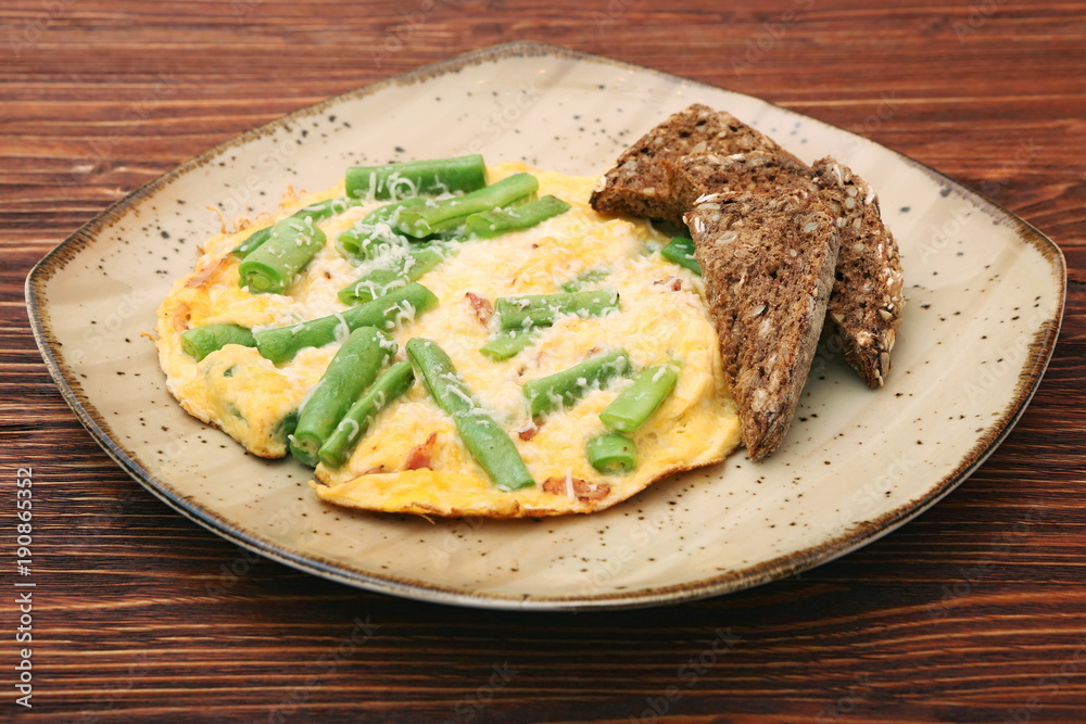 Scrambled eggs with green beans and toast, healthy and nutrition