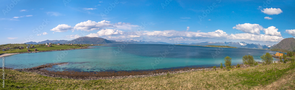 fjord, snow mountains and house, Norway, Lofoten