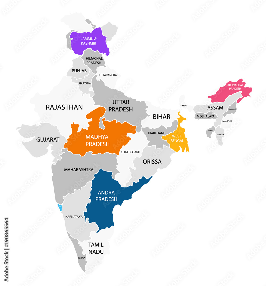 India regions business colorful map and points on white background. Infographic elements. North, west, east, central, south india. Easy to use on flyers banners or web. Vector illustration.