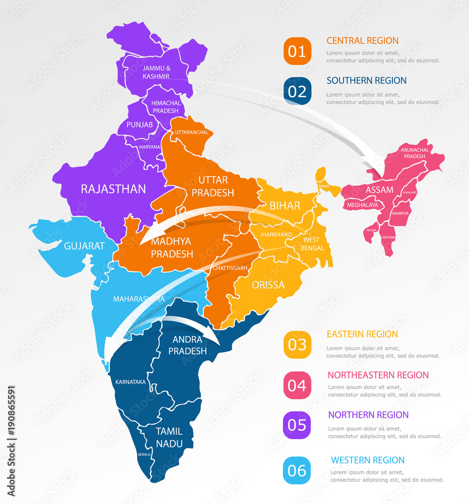 India regions business colorful map and points on white background.  Infographic elements. North, west, east, central, south india. Easy to use  on flyers banners or web. Vector illustration. Stock Vector | Adobe