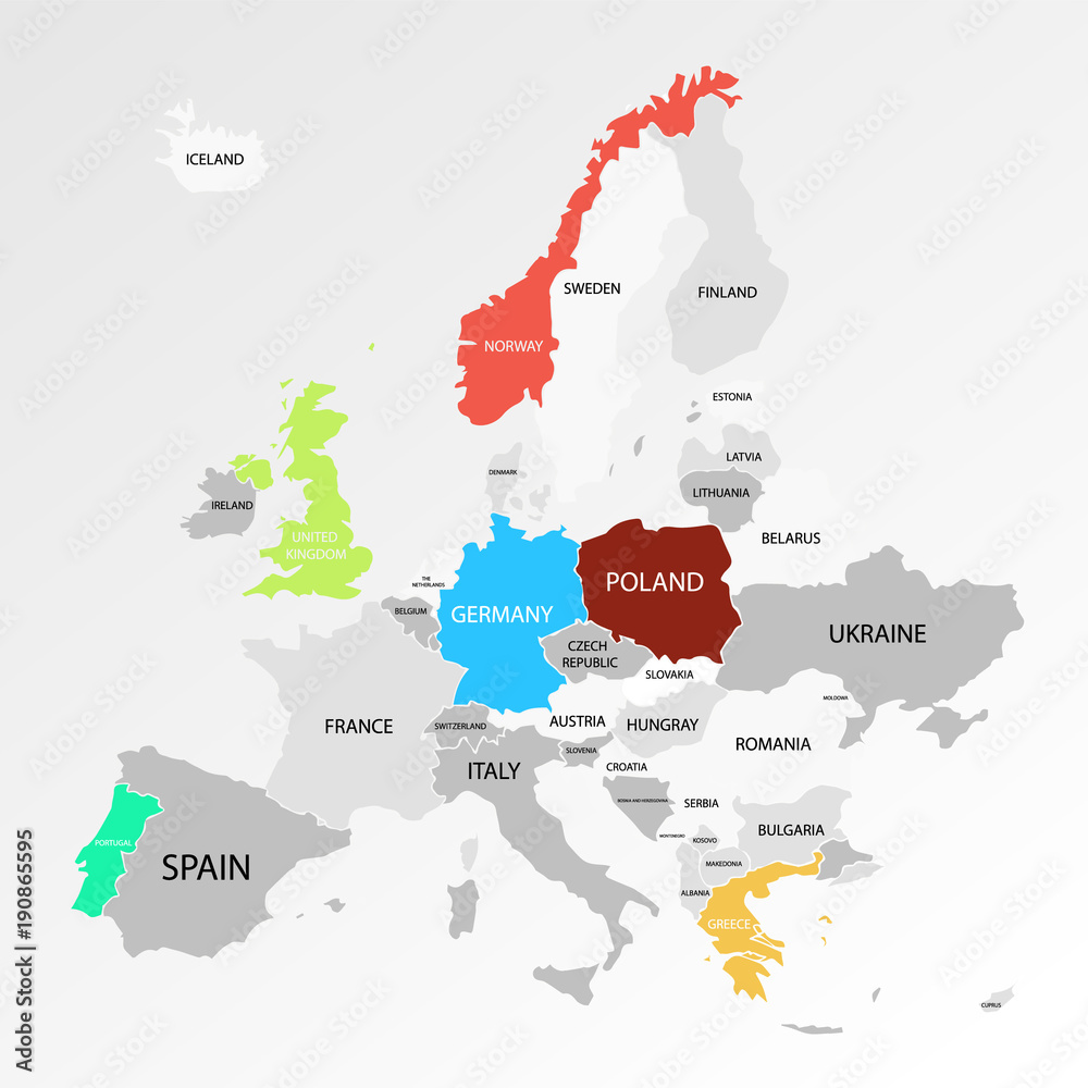 Fototapeta Europe colorful infographic map with points isolated on white background. Easy to use flyers, banners or web design. Infographics, marketing and business data. Vector illustration. EPS 10.