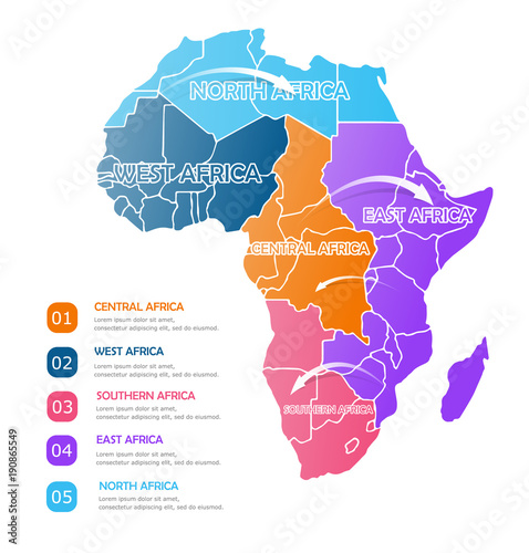 Africa regions business colorful map on white background. Simple infographic elements. North, west, east, central, southern africa. Easy to use on flyers banners or web. Vector illustration.